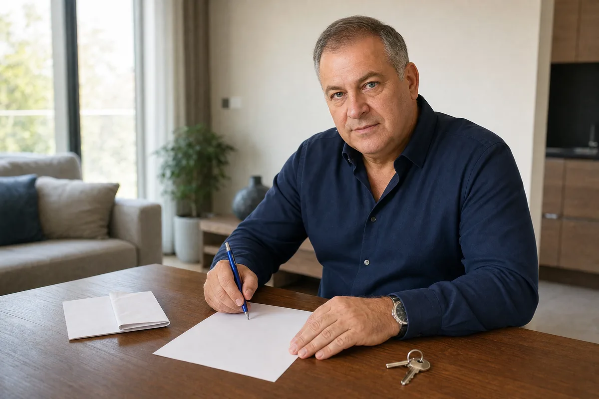 שוכר חותם על שטר חוב לצד חוזה השכירות ומפתח הדירה החדשה